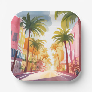 Miami Beach Helder Kleurrijk Waterverfschilderij Papieren Bordje