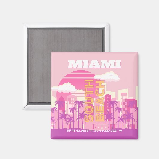 Miami Beach, Miami Travel Art, Preppy Room, roze Magneet (Voorkant / Achterkant)