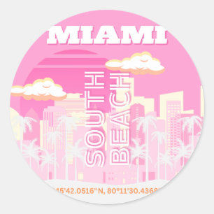 Miami Beach, Miami Travel Art, Preppy, Roze Ronde Sticker