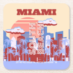 Miami Beach, Miami Travel Art, Retro Vierkante Kartonnen Onderzetter