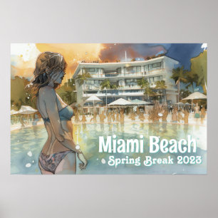 Miami Beach Spring Break Girl in Pool Waterverf Poster