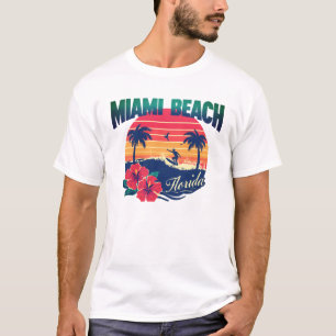 Miami Beach Surfer Zonsondergang Hibiscus Florida  T-shirt