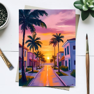 Miami Beach Zonsondergang   Oceaan Florida Aquarel Briefkaart