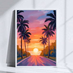 Miami Beach Zonsondergang Palmboom Tropisch Poster