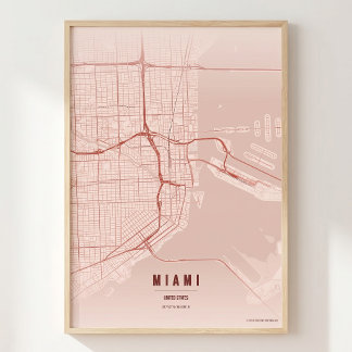 Miami Coral Print Florida City Map Wallart Poster