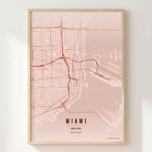 Miami Coral Print Florida Stad Kaart Muurkunst Pos