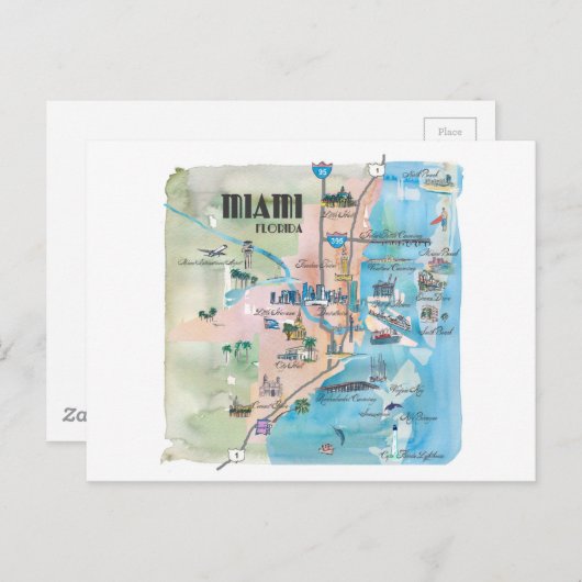 Miami Florida Retro Map Briefkaart (Voorkant / Achterkant)