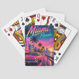 Miami Florida Retro Neon Zonsondergang Reizen Pokerkaarten