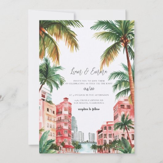 Miami Florida Watercolor Wedding Invitation (Devant)