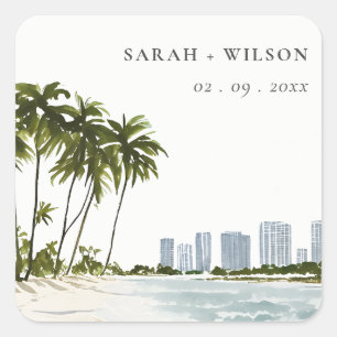 Miami Florida Waterverf Palm Landscape Wedding Vierkante Sticker