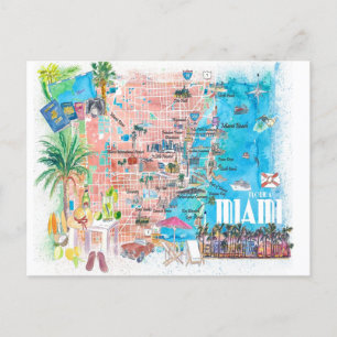 Miami Floride Carte de Voyage illustrée avec les r