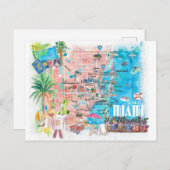 Miami Floride Carte de Voyage illustrée avec les r (Devant / Derrière)