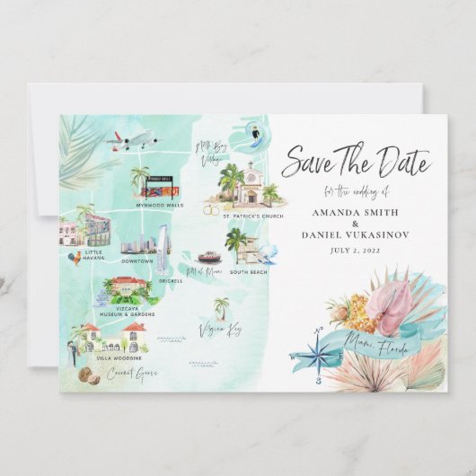 Miami Floride | Carte Itinéraire De Mariage De Des (Devant)