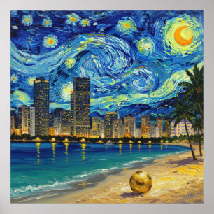 Miami Golden Shore Voetbal Elegant en Olie Fijne K Poster