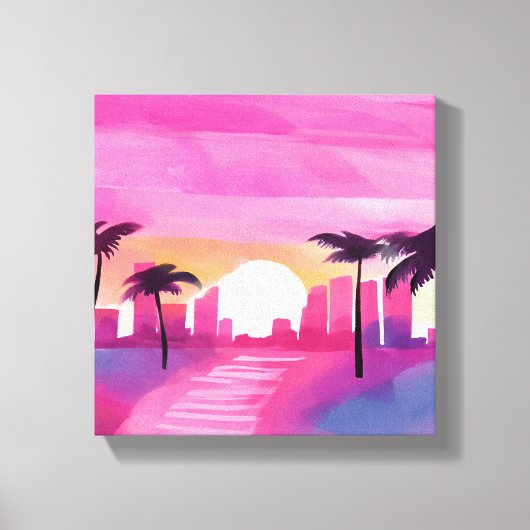 Miami in het roze | Bright Waterverf Painting Canvas Afdruk (Voorkant)