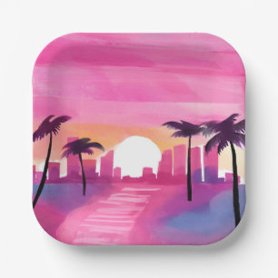 Miami in Roze   Helder Watercolor Schilderij Papieren Bordje