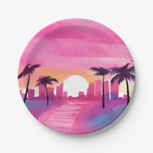 Miami in Roze Helder Waterverfschilderij Papieren Bordje