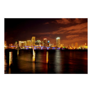 Miami skyline 's nachts, Florida Perfect Poster