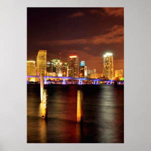 Miami skyline 's nachts, Florida Poster
