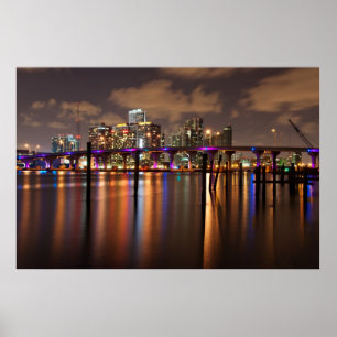 Miami skyline 's nachts - Poster