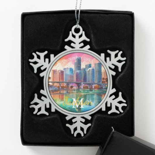 Miami Skyline Snowflake Pewter Kerstversiering Tin Sneeuwvlok Ornament (Kistje)