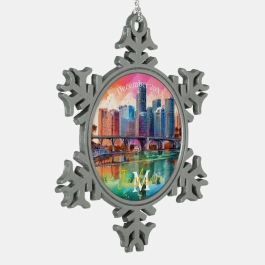 Miami Skyline Snowflake Pewter Kerstversiering Tin Sneeuwvlok Ornament (Links)