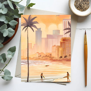 Miami Sunrise   Gele waterverf skyline schilderij Briefkaart