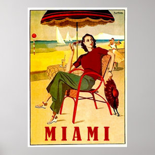 Miami, vrouw op het zandstrand, vintage-reis poster