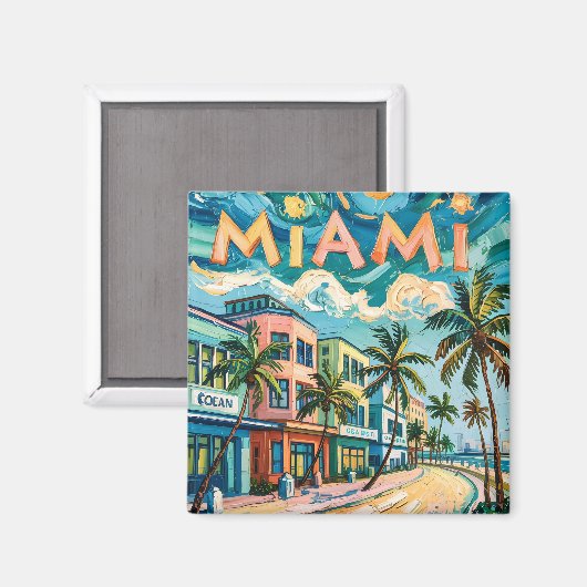 Miami's Ocean Drive Reiskunst in Van Goghs stijl Magneet (Voorkant / Achterkant)