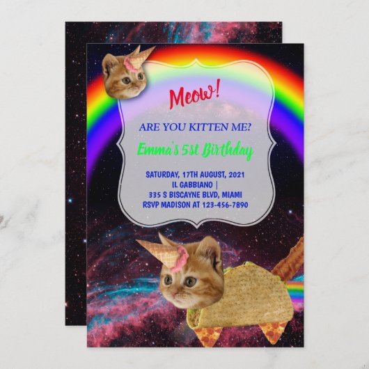 MIAUW! Kitten ruimte partij uitnodiging (Voorkant / Achterkant)