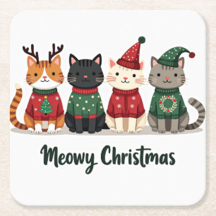 Miauwende Kerstmis Vier Katten Vierkante Kartonnen Onderzetter