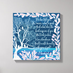 Micah 6:8 Blauwgroen Blauwe Boom Bijbelverse Canvas Afdruk