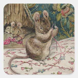 Mice Embroidering a Waistcoat Beatrix Potter 1902 Vierkante Sticker