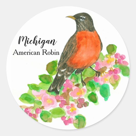 Michigan Bird Amerikaanse Robin Blossoms Ronde Sticker (Voorkant)