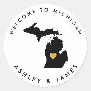 Michigan Bruiloft Welkom Sticker Label, Zwart & Go
