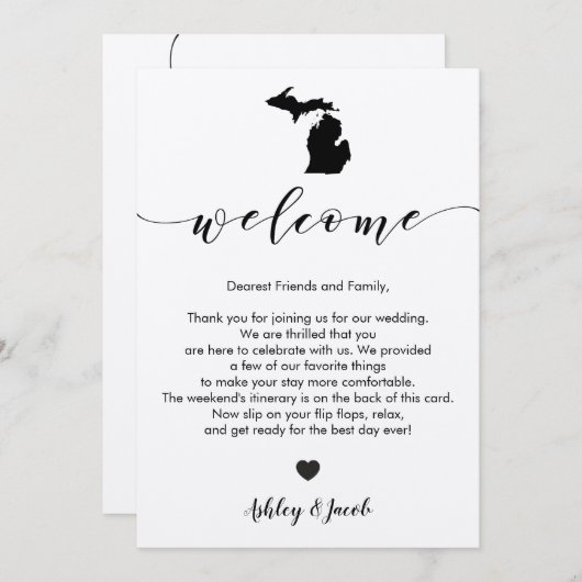 Michigan bruiloft welkomstbrief en reisschema Kaar Programma (Voorkant / Achterkant)