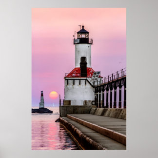 Michigan City Lighthouse en Sundown Sailboat Poster