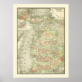 Michigan Colorful Antiek Map State & County Poster