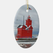 Michigan grote rode vuurtoren met zwanen keramisch ornament (Rechts)