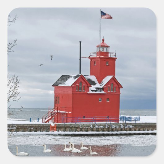 Michigan Grote Rode Vuurtoren Winter Zwanen Vierkante Sticker (Voorkant)