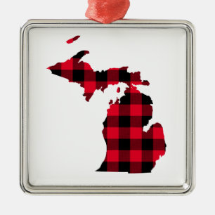 Michigan in rood en zwart buffelplaid metalen ornament