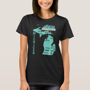 Michigan Kaart van grote steden met skyline van DE T-shirt