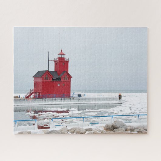 Michigan Red Lighthouse in de winter Legpuzzel (Horizontaal)