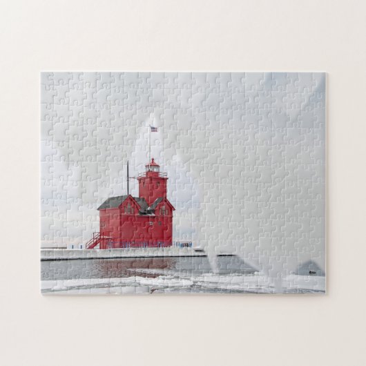 Michigan Red Lighthouse in Winter Legpuzzel (Horizontaal)