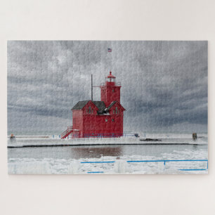 Michigan Red Lighthouse in Winter Legpuzzel