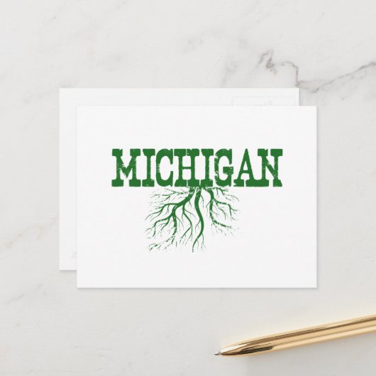 Michigan Rooted with Green Tree Roots Word Art Briefkaart (Voorkant / Achterkant in situ)