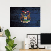 Michigan State Flag op Old Wood Grain Poster (Thuiskantoor)