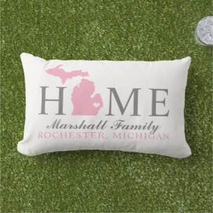 Michigan Thuis Roze Staat Grijs Familie Monogram Buitenkussen