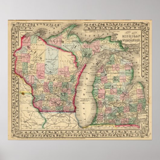 Michigan, Wisconsin Map door Mitchell Poster (Voorkant)