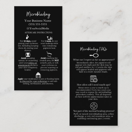 Microblading Aftercare en FAQs Instruction Card Visitekaartje (Voorkant / Achterkant)